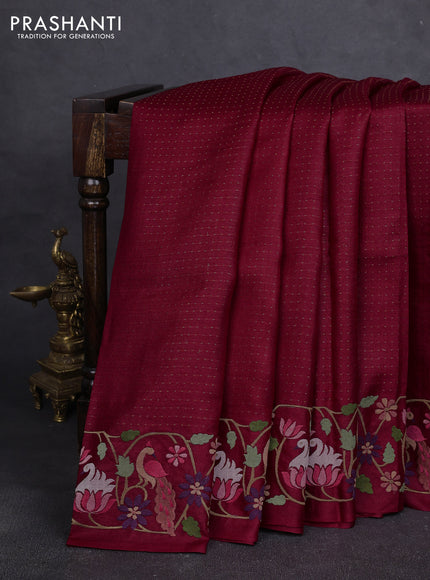 Pure tussar silk saree maroon with allover zari woven buttas and embroidery border