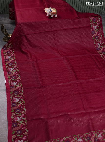 Pure tussar silk saree maroon with allover zari woven buttas and embroidery border