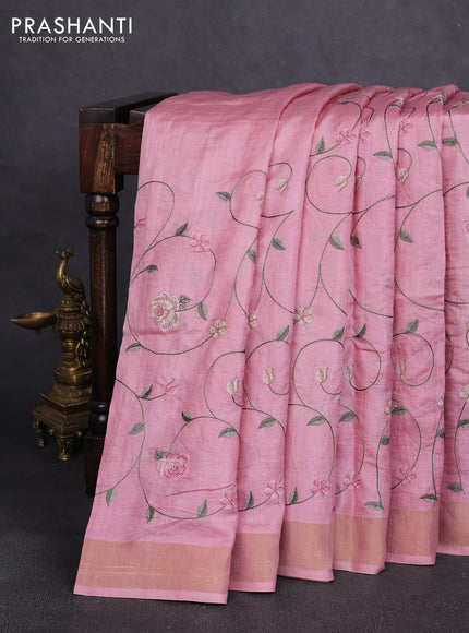 Pure tussar silk saree mild peach pink with allover floral embroidery work and zari woven border