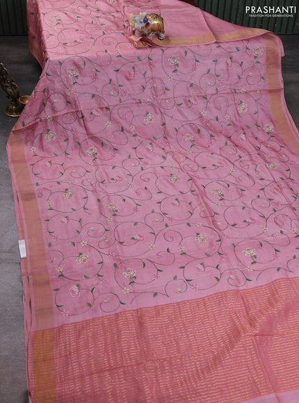 Pure tussar silk saree mild peach pink with allover floral embroidery work and zari woven border