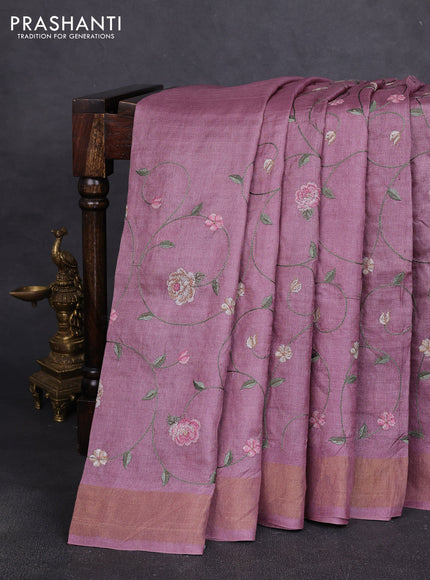 Pure tussar silk saree mauve pink with allover embroidery work and zari woven border