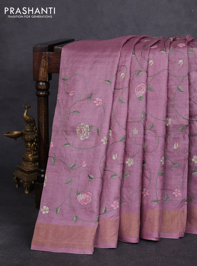 Pure tussar silk saree mauve pink with allover embroidery work and zari woven border