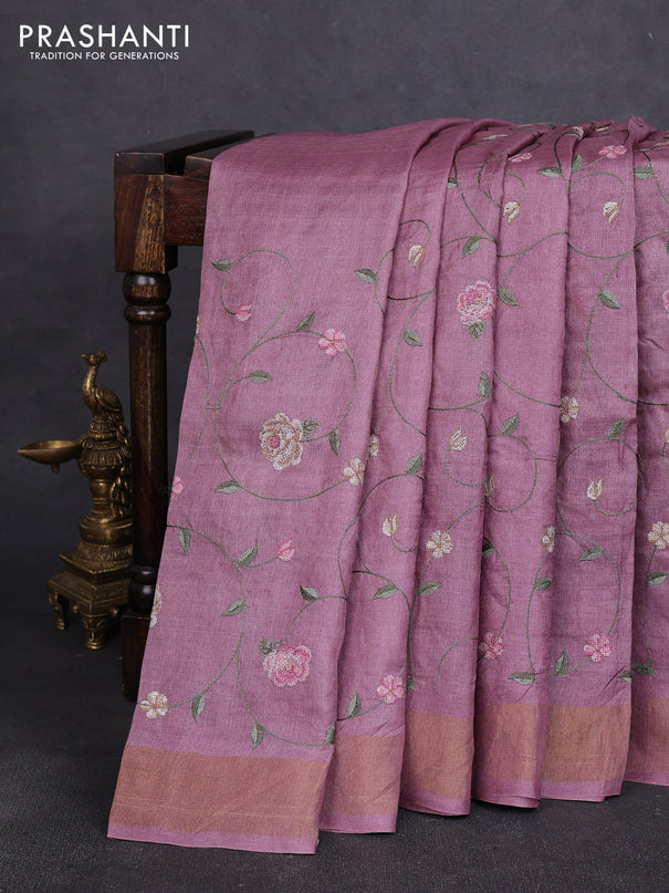 Pure tussar silk saree mauve pink with allover embroidery work and zari woven border