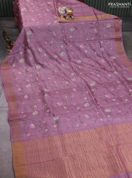 Pure tussar silk saree mauve pink with allover embroidery work and zari woven border
