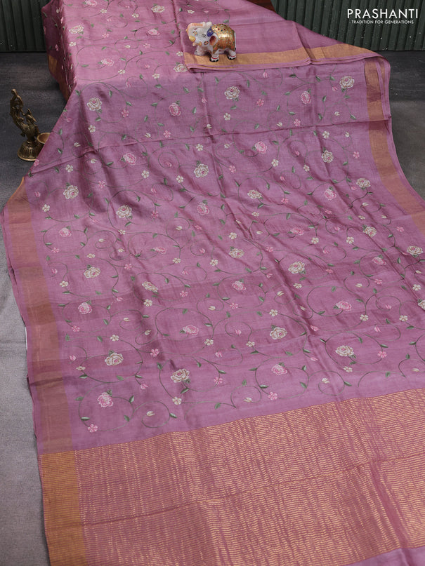 Pure tussar silk saree mauve pink with allover embroidery work and zari woven border