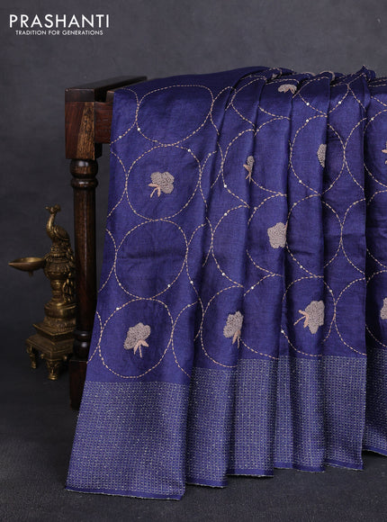Pure tussar silk saree navy blue with allover embroidery work and thread woven border