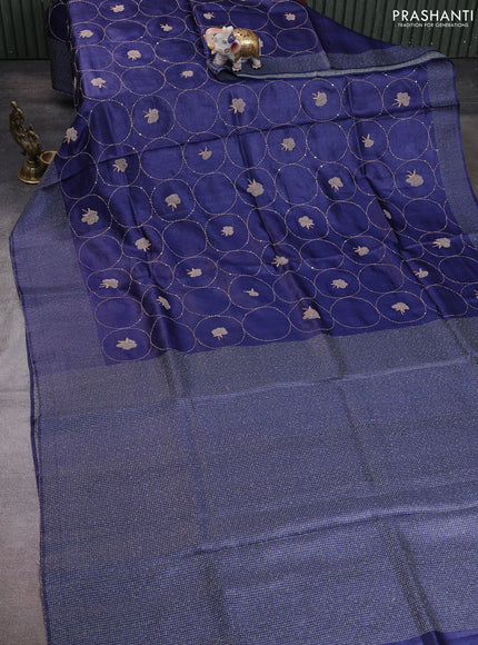 Pure tussar silk saree navy blue with allover embroidery work and thread woven border