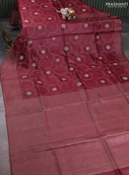 Pure tussar silk saree maroon with allover embroidery work and thread woven border