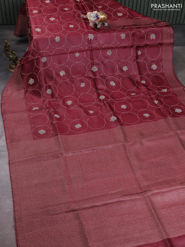 Pure tussar silk saree maroon with allover embroidery work and thread woven border