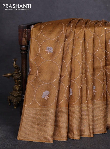 Pure tussar silk saree dark mustard with allover embroidery work and thread woven border