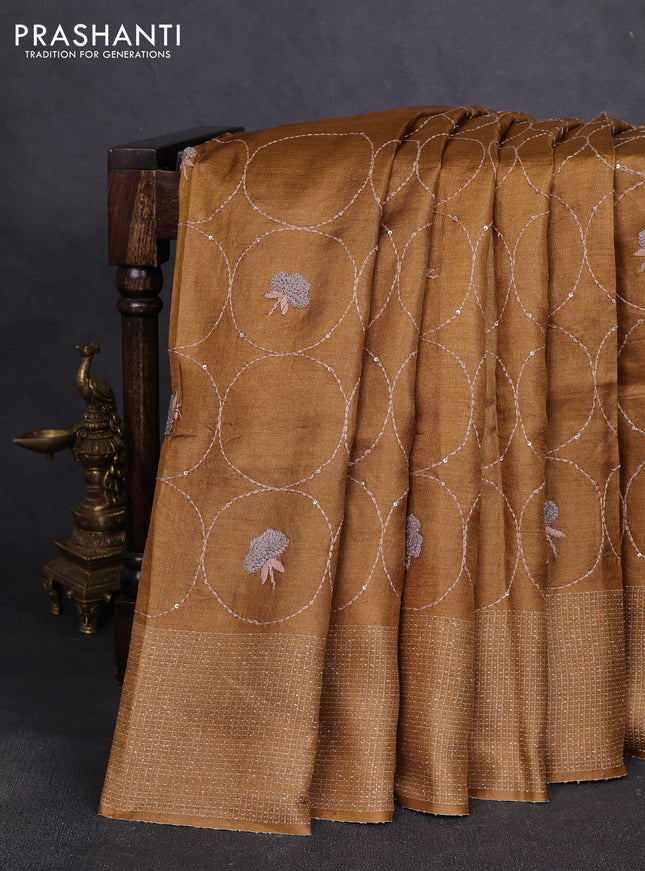 Pure tussar silk saree dark mustard with allover embroidery work and thread woven border