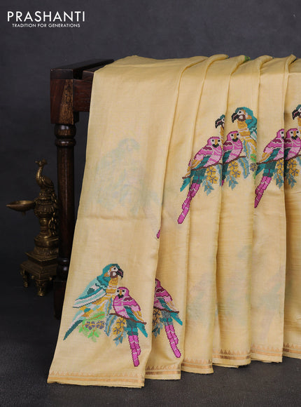 Pure tussar silk saree pale yellow with parrot embroidery work and small zari woven border