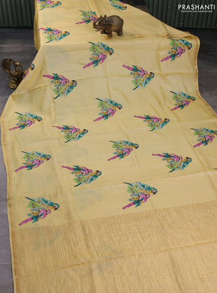 Pure tussar silk saree pale yellow with parrot embroidery work and small zari woven border