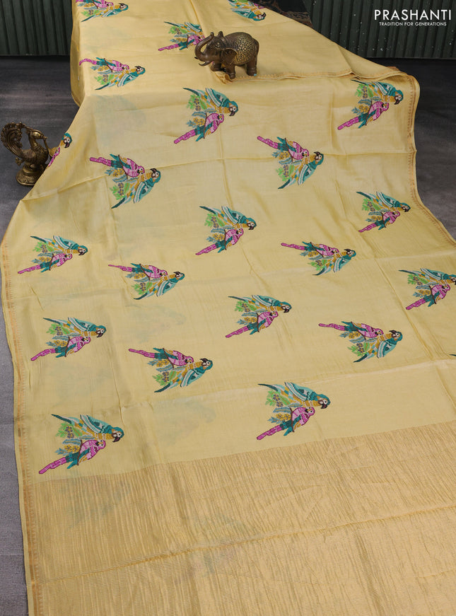 Pure tussar silk saree pale yellow with parrot embroidery work and small zari woven border