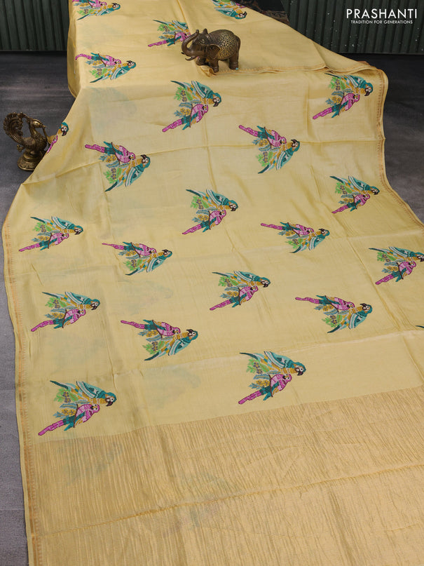 Pure tussar silk saree pale yellow with parrot embroidery work and small zari woven border