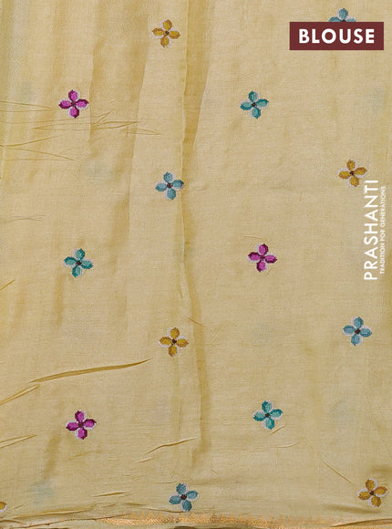 Pure tussar silk saree pale yellow with parrot embroidery work and small zari woven border