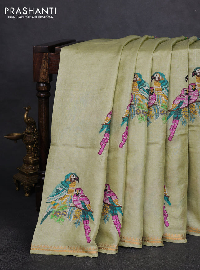 Pure tussar silk saree pista green with parrot embroidery work and small zari woven border