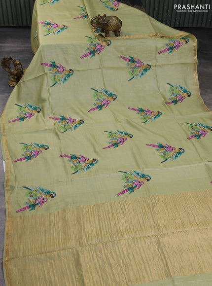 Pure tussar silk saree pista green with parrot embroidery work and small zari woven border