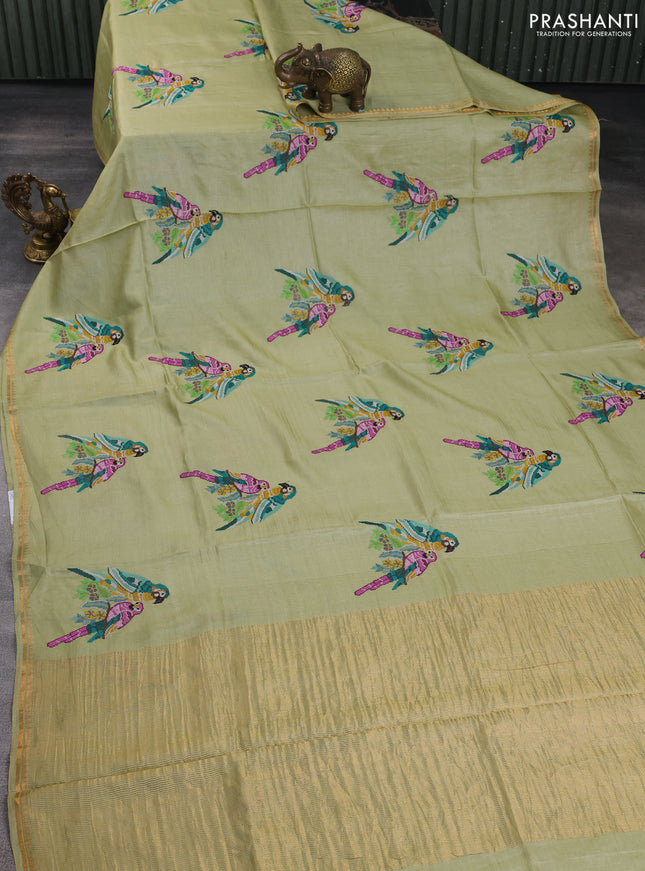 Pure tussar silk saree pista green with parrot embroidery work and small zari woven border