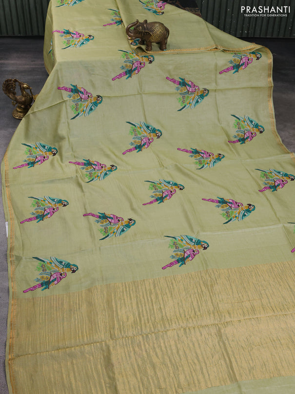 Pure tussar silk saree pista green with parrot embroidery work and small zari woven border