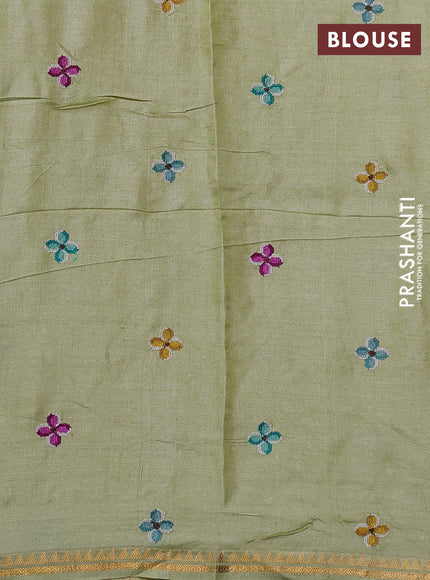 Pure tussar silk saree pista green with parrot embroidery work and small zari woven border