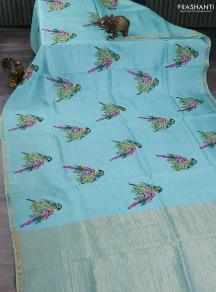 Pure tussar silk saree teal blue with parrot embroidery work and small zari woven border