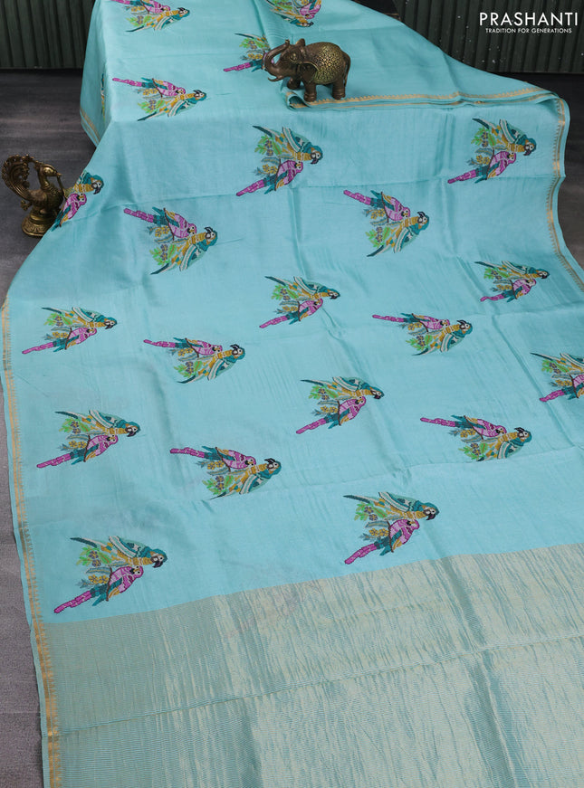 Pure tussar silk saree teal blue with parrot embroidery work and small zari woven border