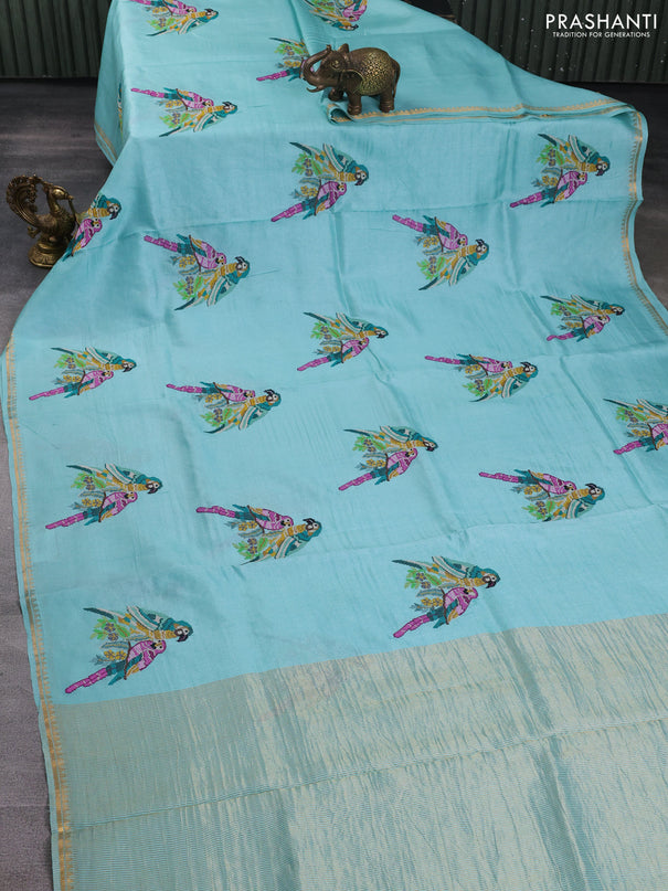 Pure tussar silk saree teal blue with parrot embroidery work and small zari woven border