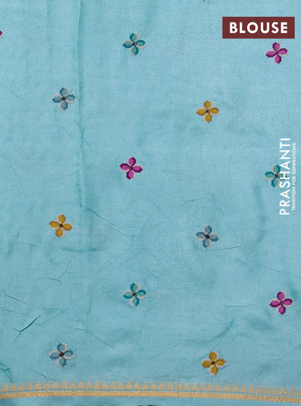 Pure tussar silk saree teal blue with parrot embroidery work and small zari woven border