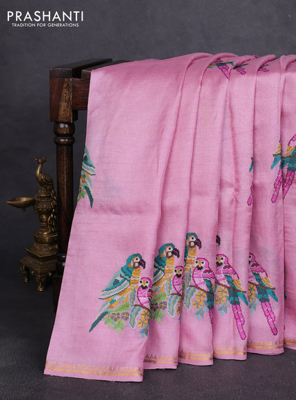 Pure tussar silk saree light pink with parrot embroidery work and small zari woven border