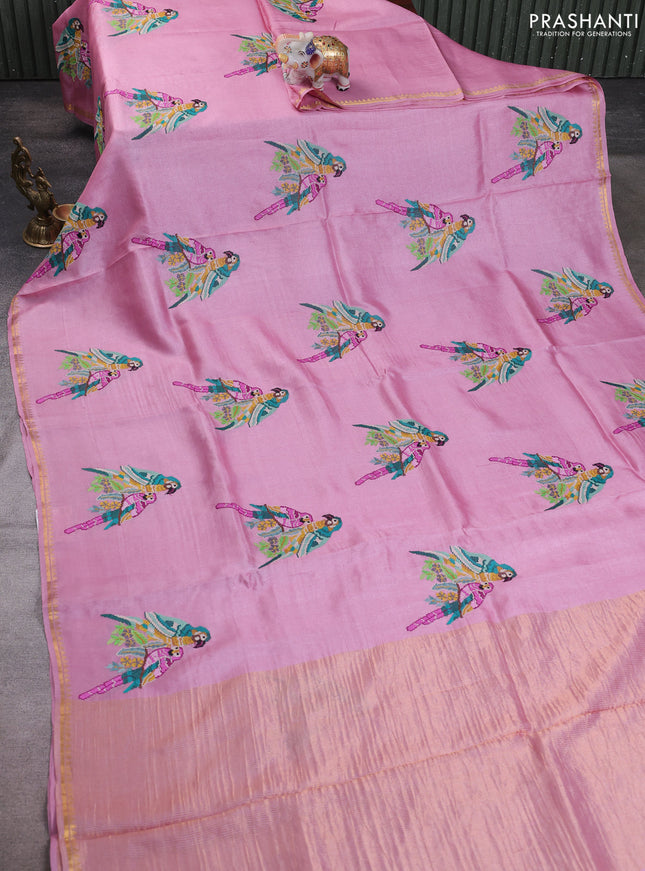 Pure tussar silk saree light pink with parrot embroidery work and small zari woven border