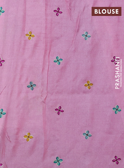 Pure tussar silk saree light pink with parrot embroidery work and small zari woven border
