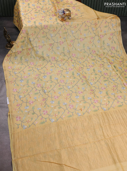 Pure tussar silk saree yellow with allover embroidery work and small zari woven border