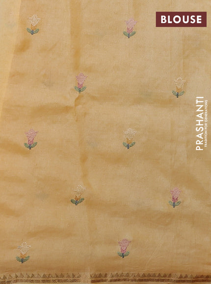 Pure tussar silk saree yellow with allover embroidery work and small zari woven border
