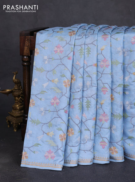 Pure tussar silk saree light blue with allover embroidery work and small zari woven border