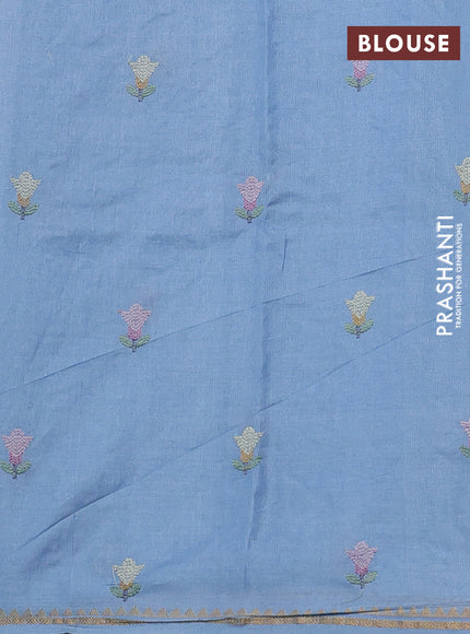 Pure tussar silk saree light blue with allover embroidery work and small zari woven border