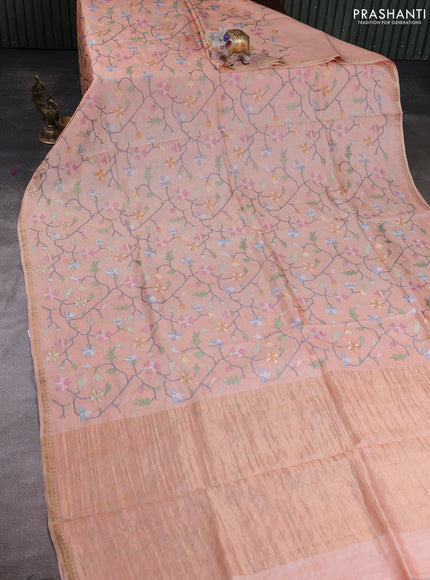 Pure tussar silk saree pale orange with allover embroidery work and small zari woven border