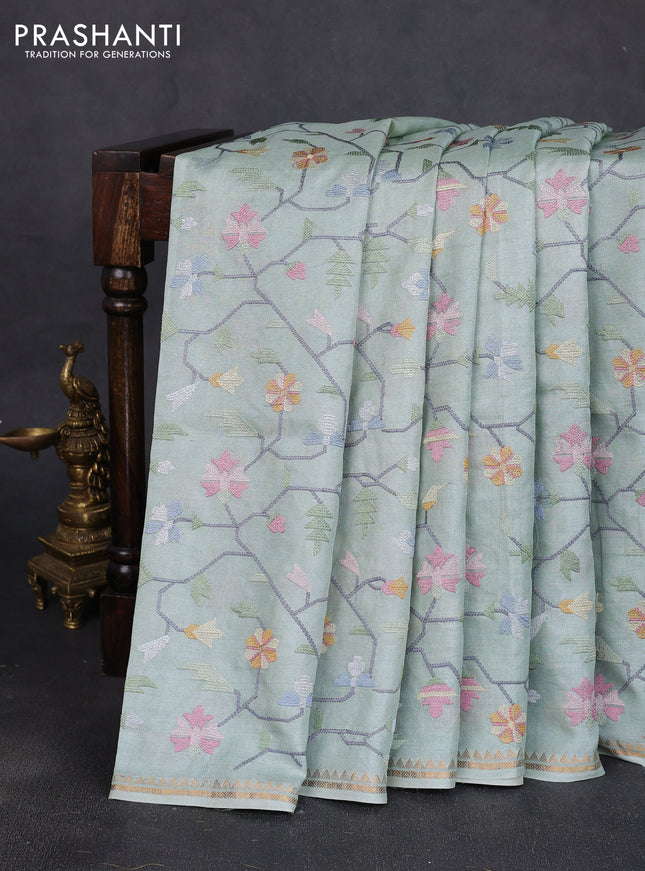 Pure tussar silk saree pastel green with allover embroidery work and small zari woven border
