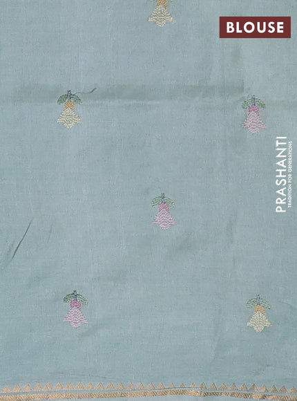 Pure tussar silk saree pastel green with allover embroidery work and small zari woven border