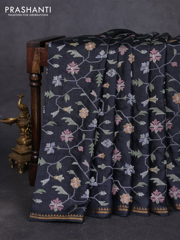 Pure tussar silk saree black with allover embroidery work and small zari woven border
