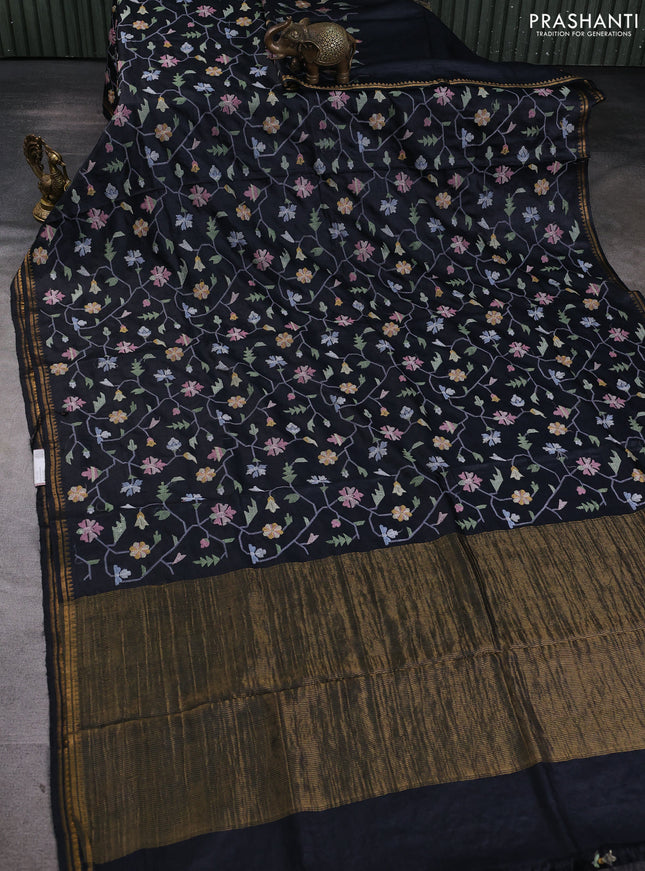 Pure tussar silk saree black with allover embroidery work and small zari woven border