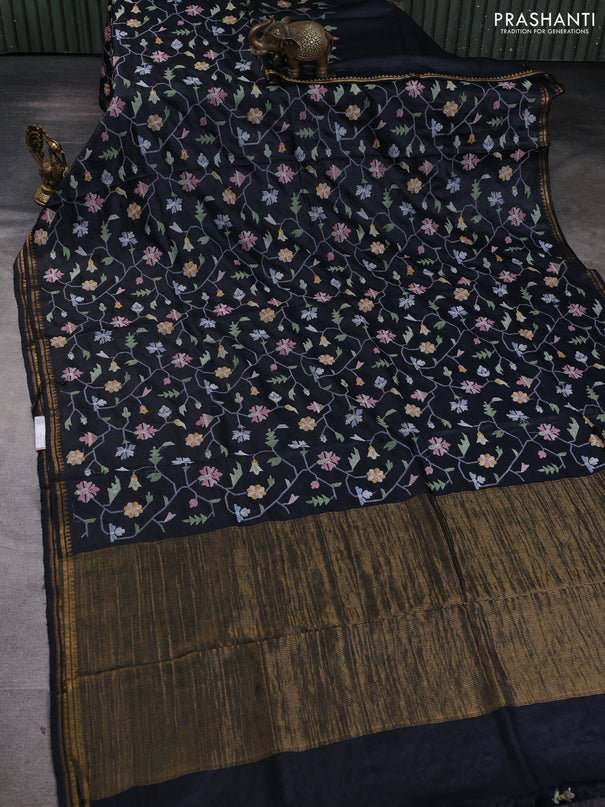 Pure tussar silk saree black with allover embroidery work and small zari woven border