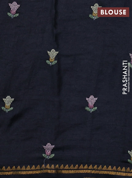 Pure tussar silk saree black with allover embroidery work and small zari woven border
