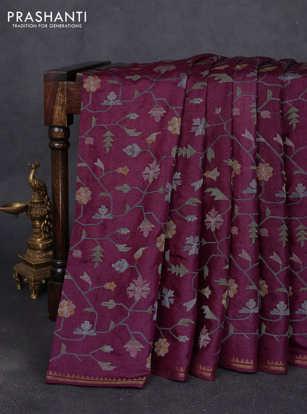 Pure tussar silk saree wine shade with allover embroidery work and small zari woven border