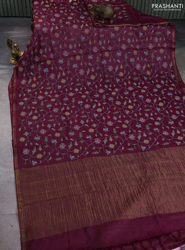 Pure tussar silk saree wine shade with allover embroidery work and small zari woven border