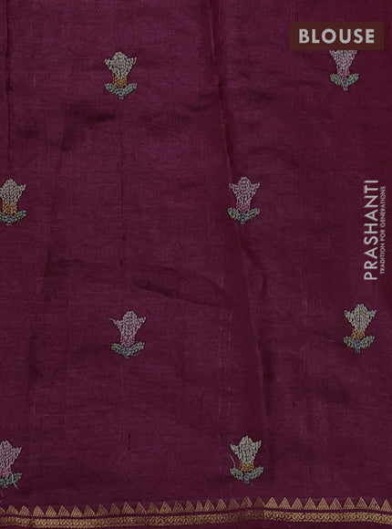 Pure tussar silk saree wine shade with allover embroidery work and small zari woven border