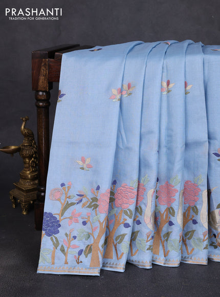 Pure tussar silk saree pastel blue with embroidery buttas and embroidered border
