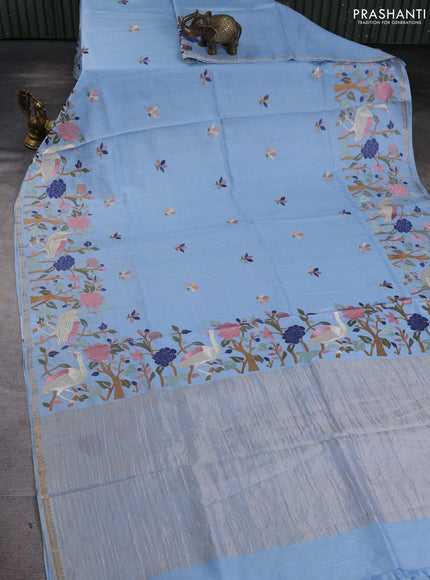 Pure tussar silk saree pastel blue with embroidery buttas and embroidered border