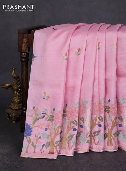 Pure tussar silk saree light pink with embroidery buttas and embroidered border
