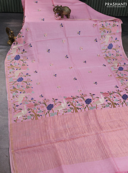 Pure tussar silk saree light pink with embroidery buttas and embroidered border
